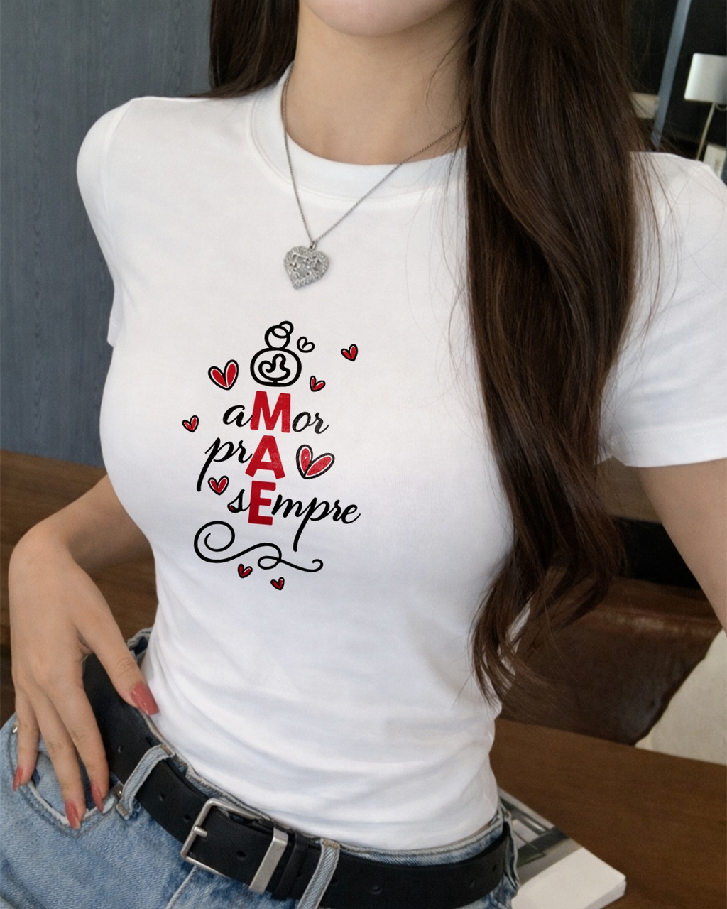 Camiseta Amor Pra Sempre Mãe Com Estampa De Corações
