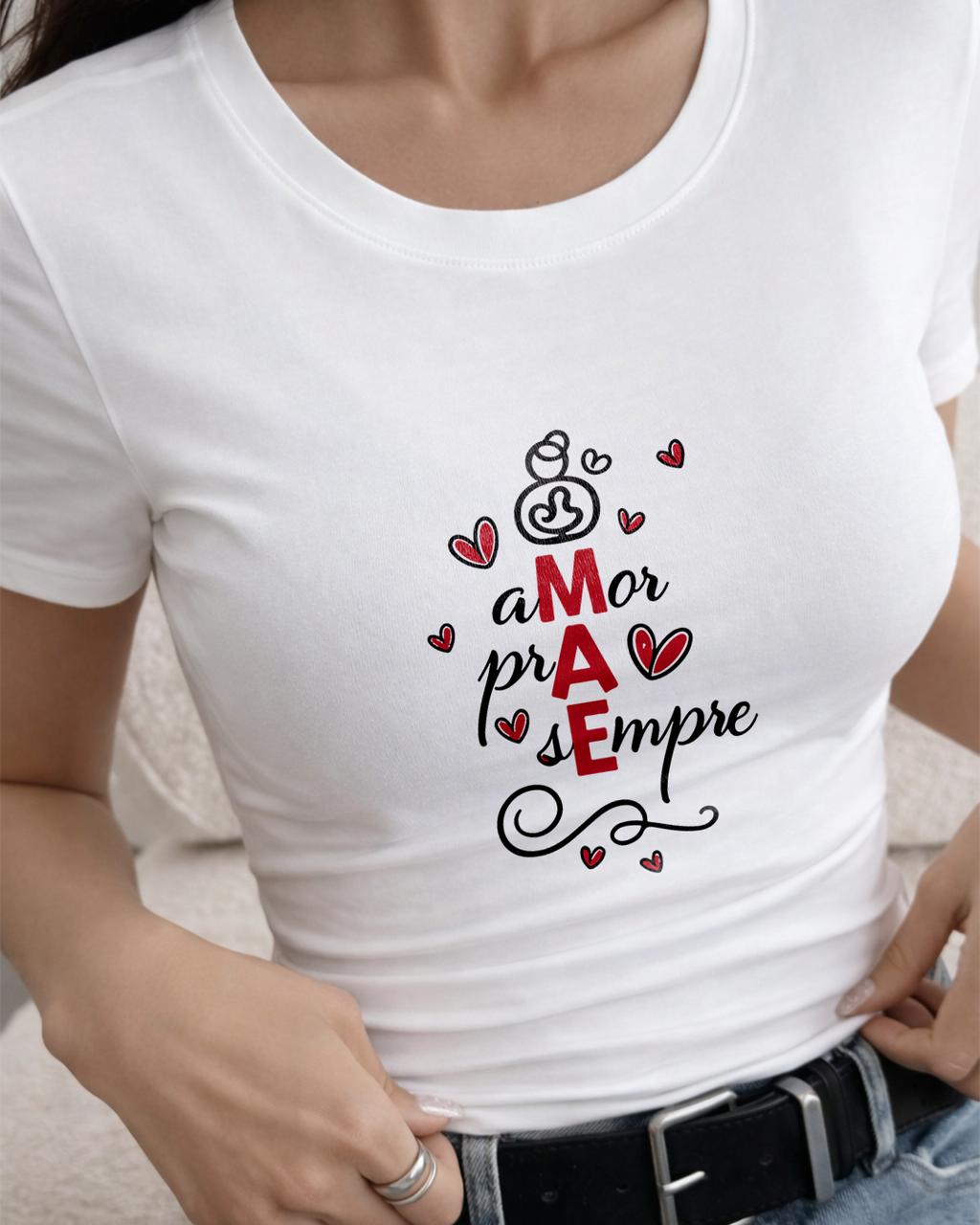 Camiseta Amor Pra Sempre Mãe Com Estampa De Corações