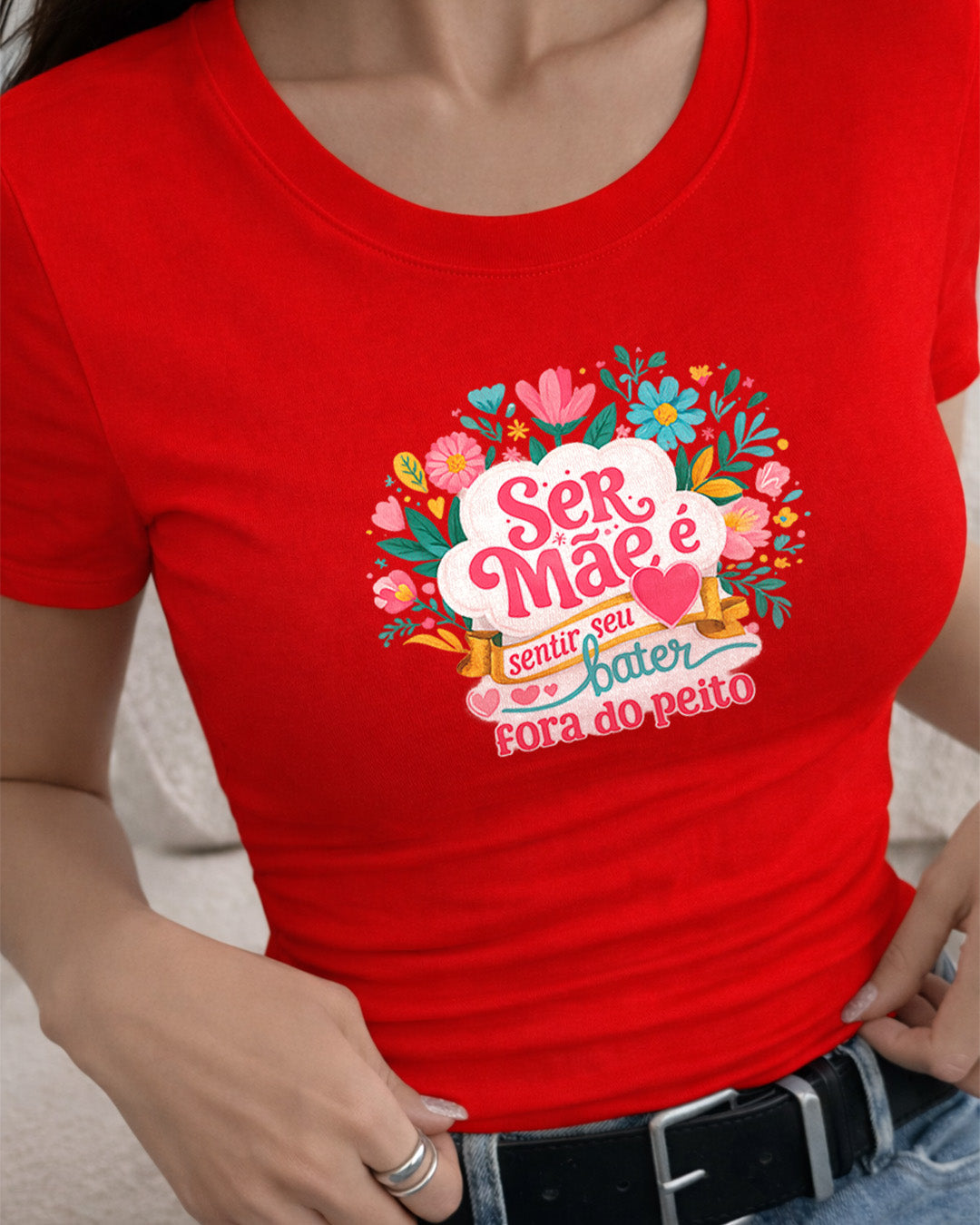Camiseta Feminina 100% Algodão "Ser Mãe É Sentir Seu Coração" Dia Das Mães