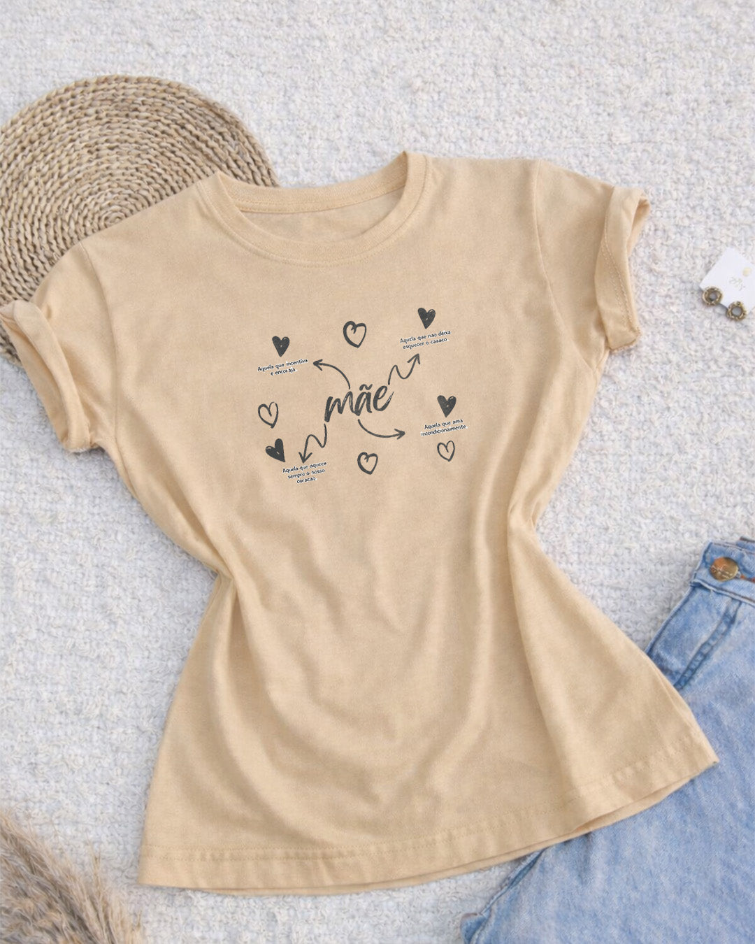 Camiseta Dia Das Mães Feminina "Mãe" Feliz Dia Das Mães 100% Algodão Com Corações