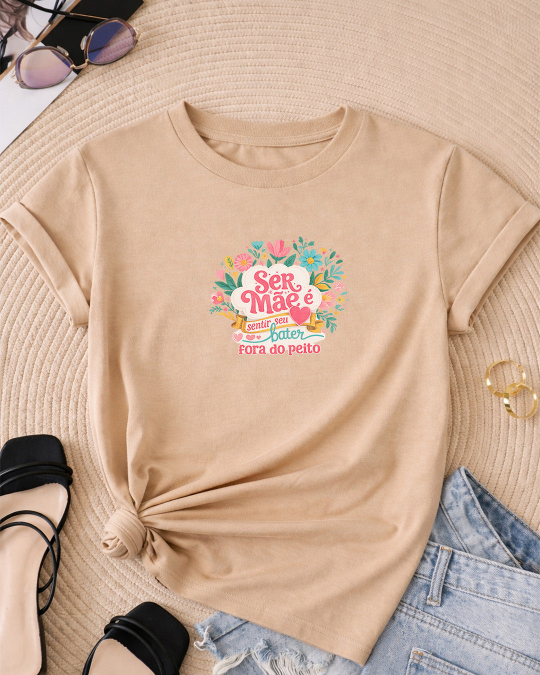 Camiseta Feminina 100% Algodão "Ser Mãe É Sentir Seu Coração" Dia Das Mães