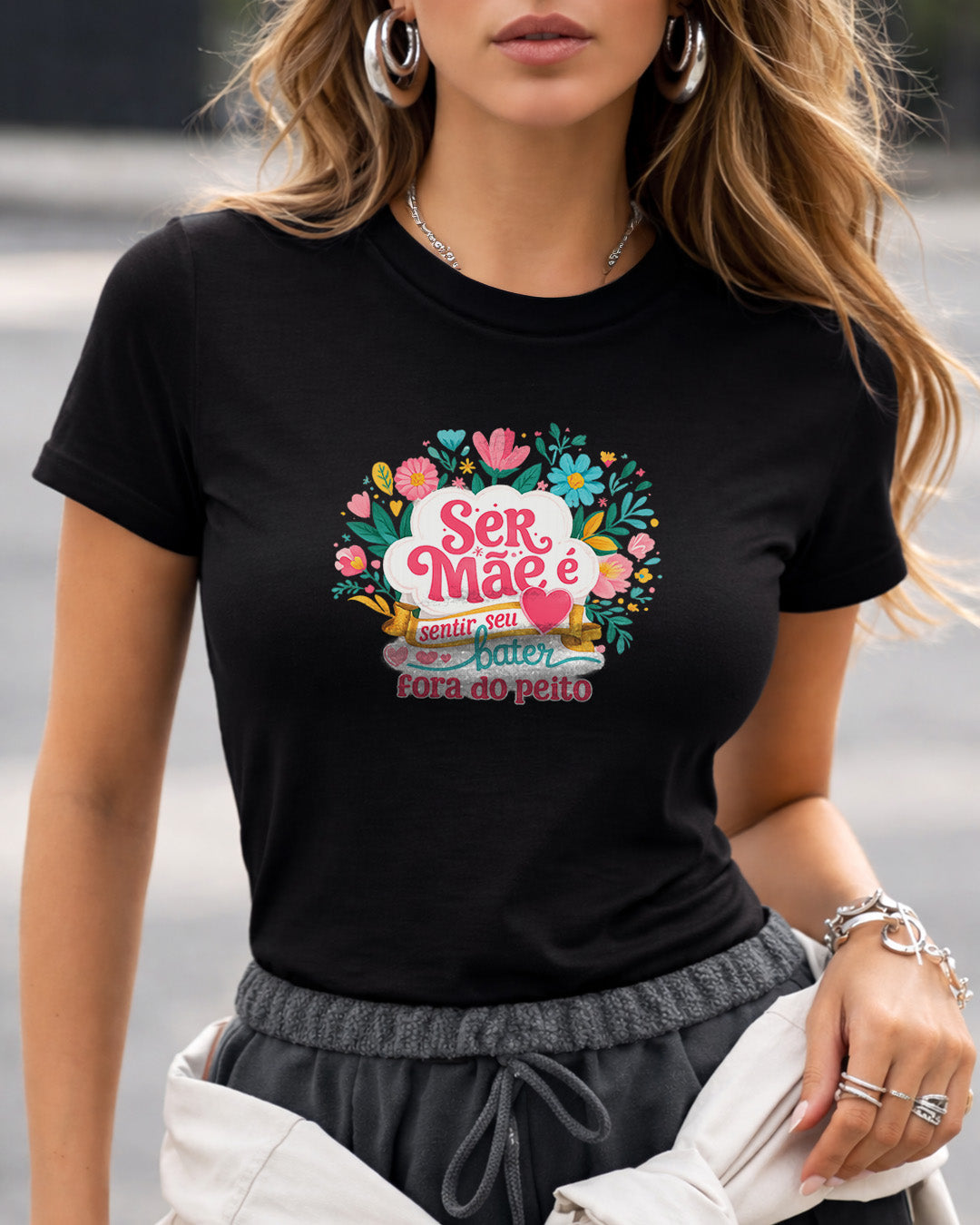 Camiseta Feminina 100% Algodão "Ser Mãe É Sentir Seu Coração" Dia Das Mães
