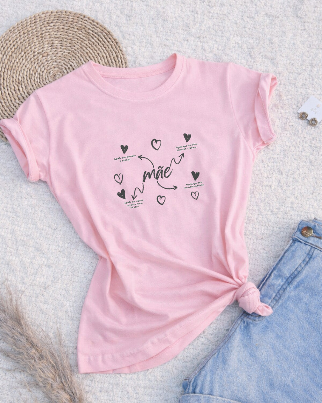 Camiseta Dia Das Mães Feminina "Mãe" Feliz Dia Das Mães 100% Algodão Com Corações