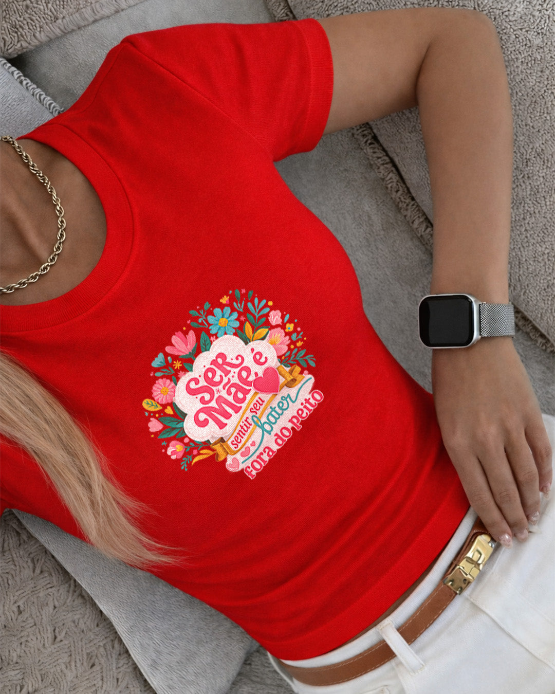 Camiseta Feminina 100% Algodão "Ser Mãe É Sentir Seu Coração" Dia Das Mães