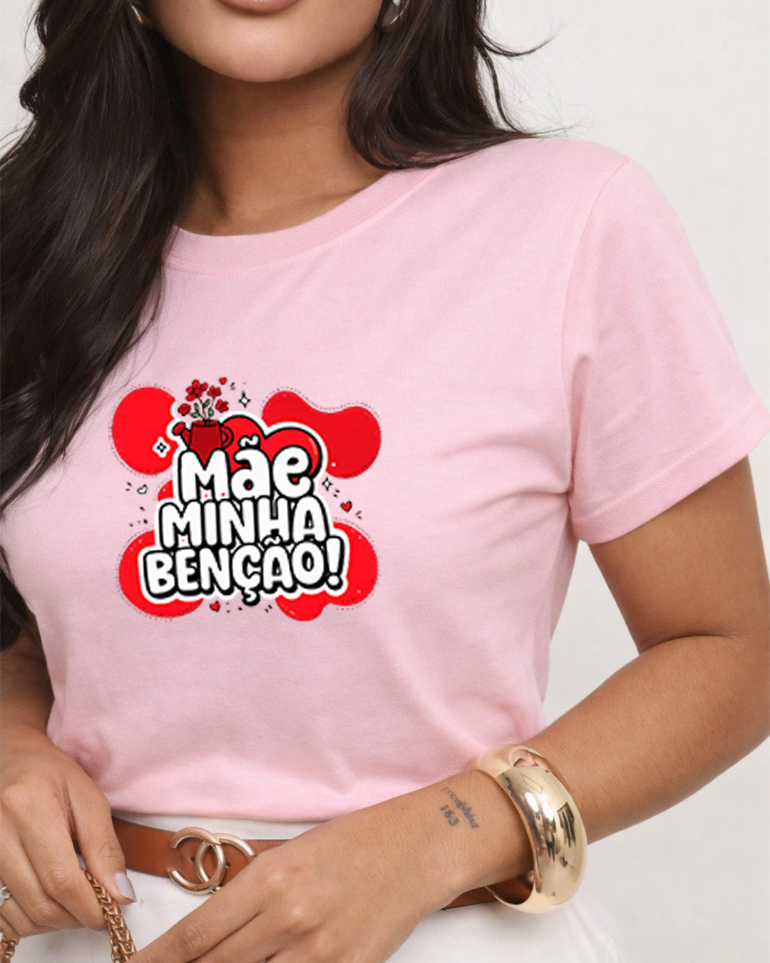 Camiseta Mãe Minha Benção Com Estampa Corações Românticos