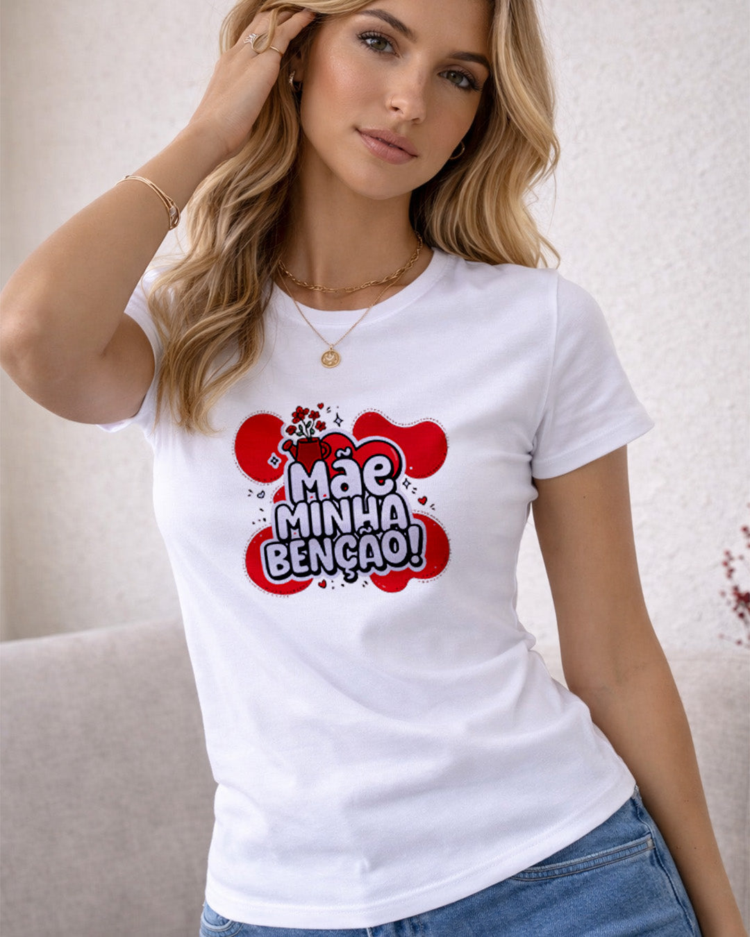 Camiseta Mãe Minha Benção Com Estampa Corações Românticos