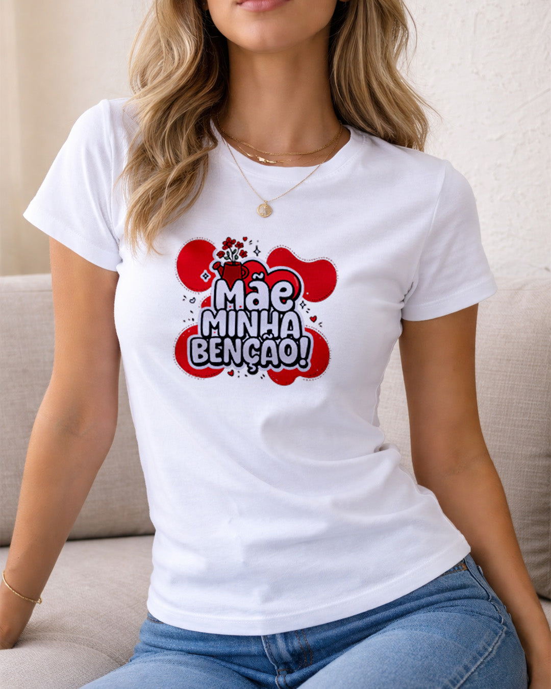 Camiseta Mãe Minha Benção Com Estampa Corações Românticos