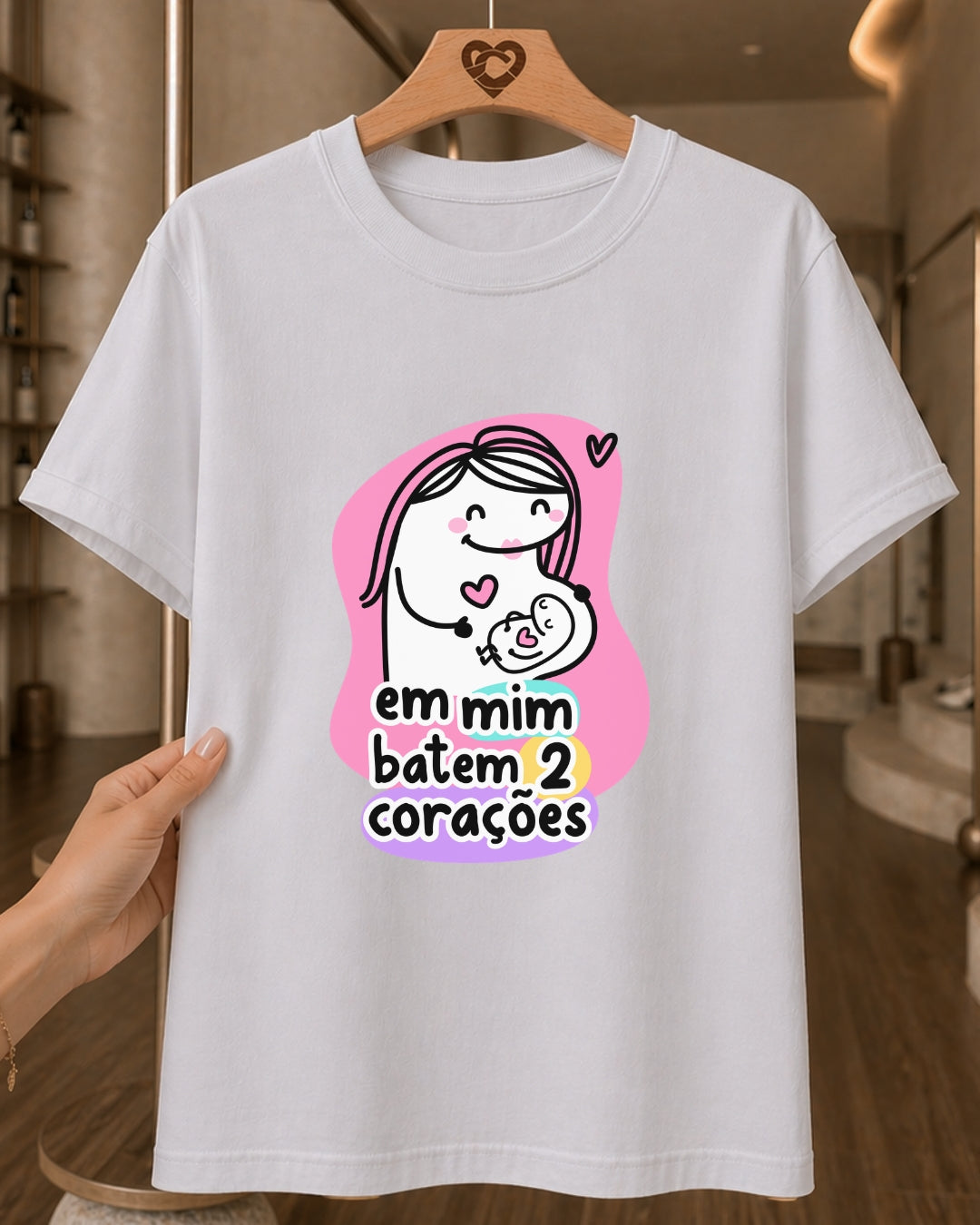 Camiseta Feminina 100% Algodão "Em Mim Batem Dois Corações" Dia Das Mães