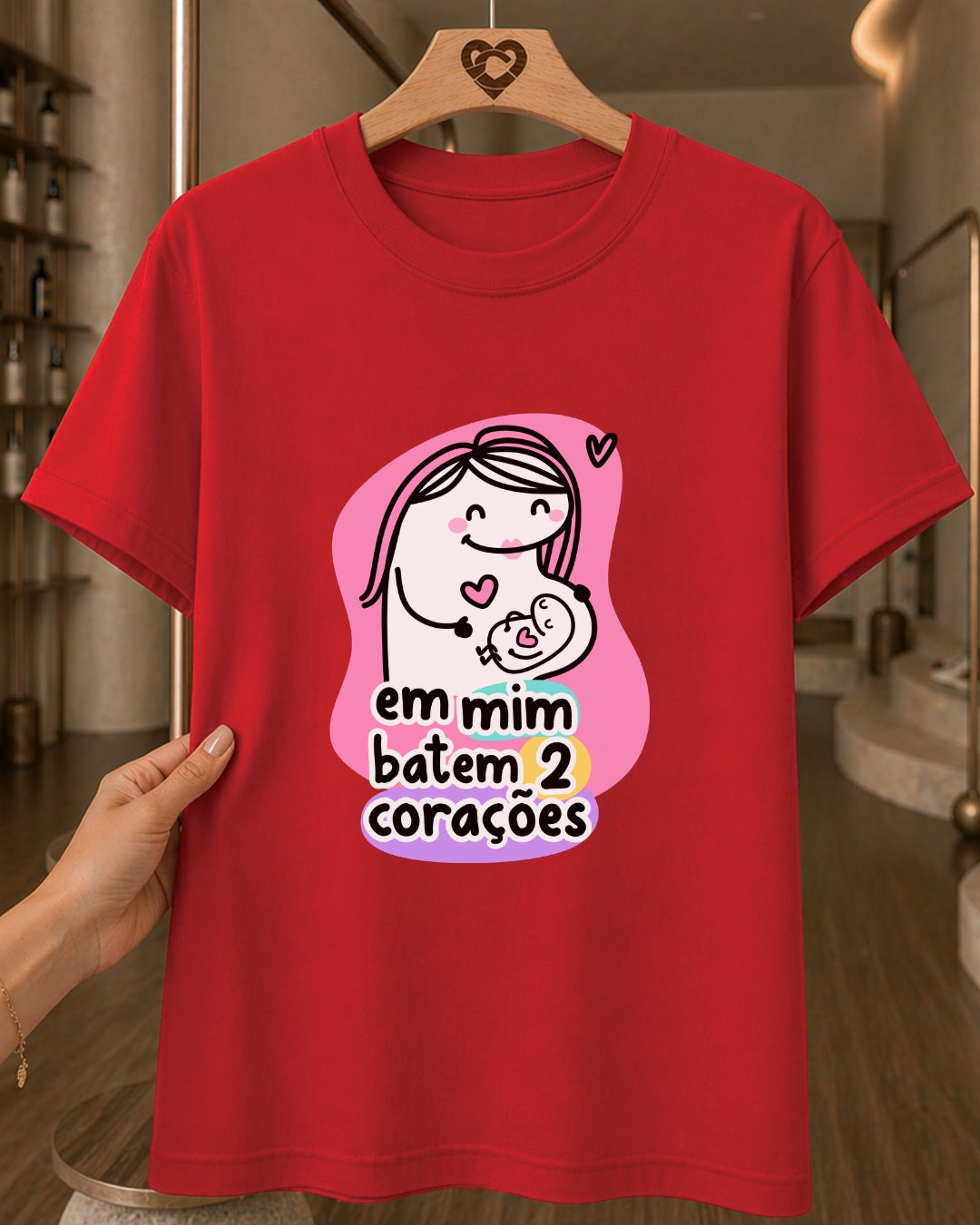 Camiseta Feminina 100% Algodão "Em Mim Batem Dois Corações" Dia Das Mães