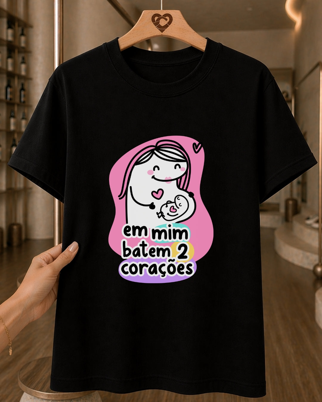 Camiseta Feminina 100% Algodão "Em Mim Batem Dois Corações" Dia Das Mães