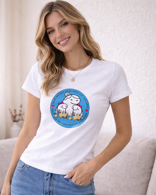 Camisa 100% Algodão Feminina "Feliz Dia Das Mães" Arte Mãe E Filhos Dia Das Mães