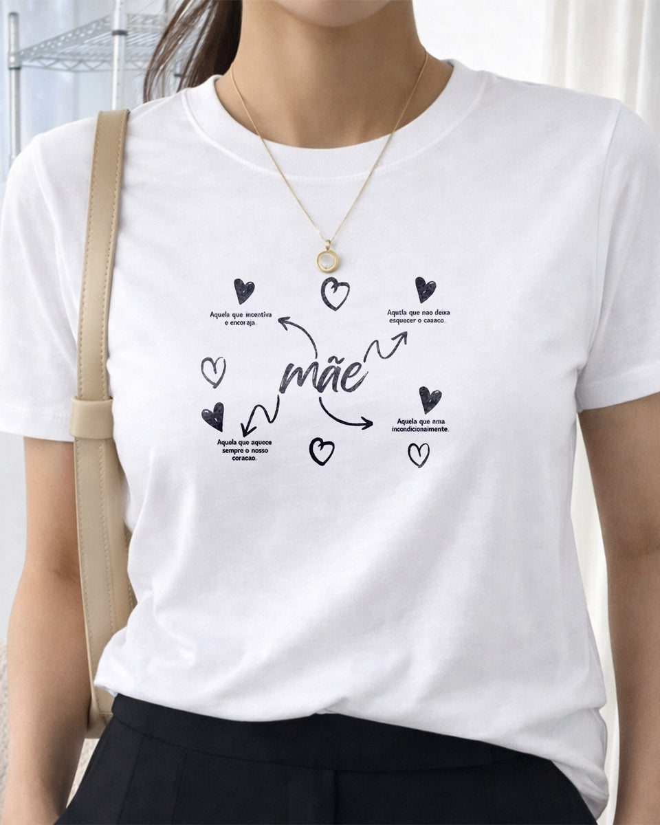 Camiseta Dia Das Mães Feminina "Mãe" Feliz Dia Das Mães 100% Algodão Com Corações